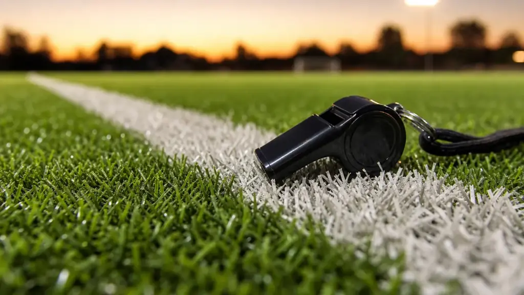 enric masip: detalle de césped de un campo de fútbol con línea de cal y un silbato de árbitro al atardecer