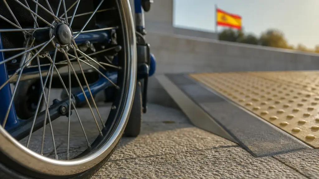 reforma de la dependencia: detalle de la rueda metálica de una silla de ruedas junto a una rampa de accesibilidad