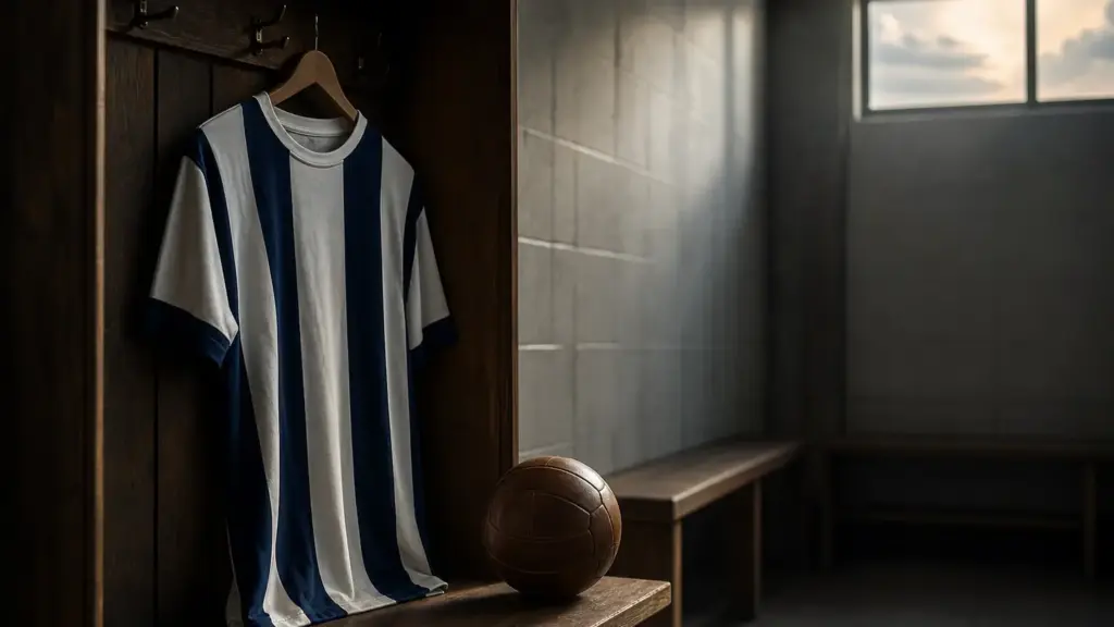 eryc castillo: camiseta blanquiazul colgada junto a una pelota en un vestuario sobrio