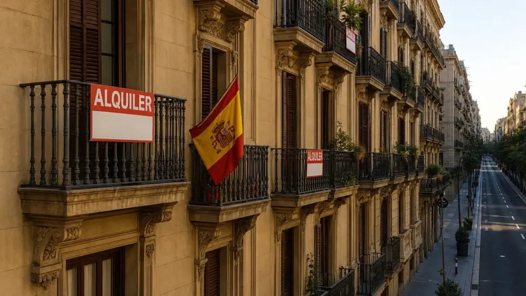 denuncia de facua: calle residencial de Barcelona con balcones y carteles de alquiler en las fachadas al atardecer