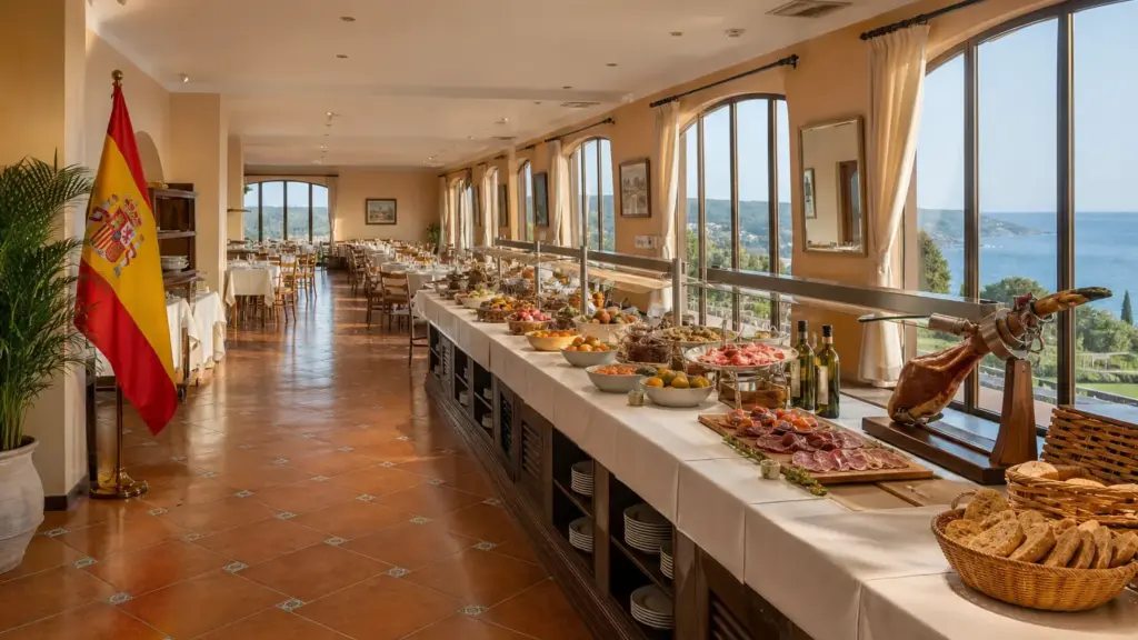 ferran adrià: salón de desayunos de un hotel vacío con bufé de productos y una bandera de España a la luz de la mañana
