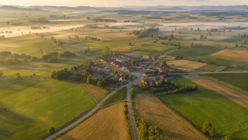 frente amplio y podemos: vista aérea de caminos rurales que se separan y se cruzan entre campos de cultivo al amanecer