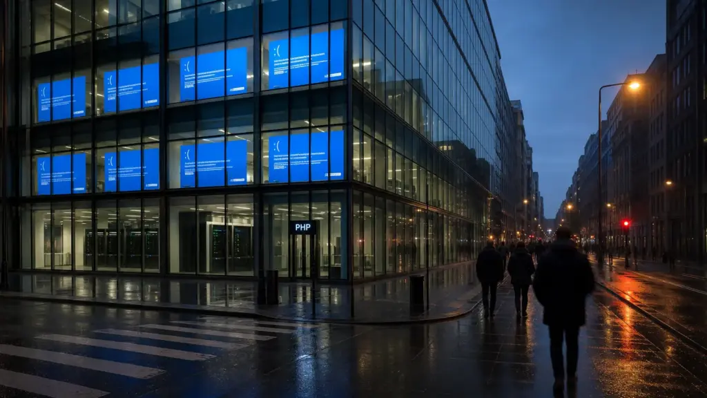 vulnerabilidades en php: edificio de oficinas al atardecer con pantallas encendidas y peatones anónimos de espaldas en la calle