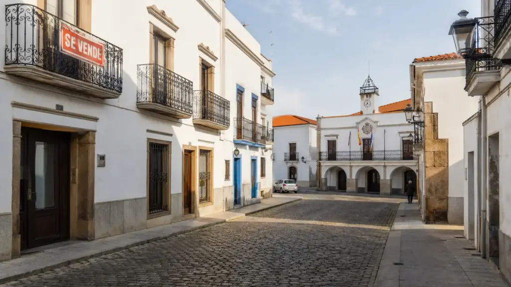 consejo de gonzalo bernardos: calle residencial de un pueblo español con un balcón que anuncia una vivienda en venta