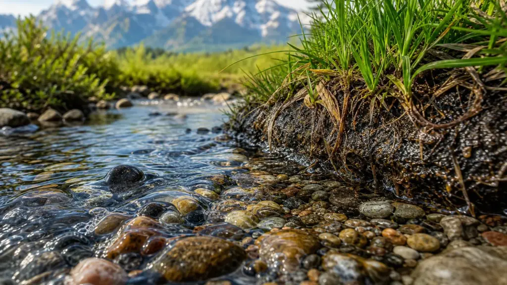 rancho de harrison ford: agua de un arroyo de montaña corriendo sobre piedras y raíces en la orilla