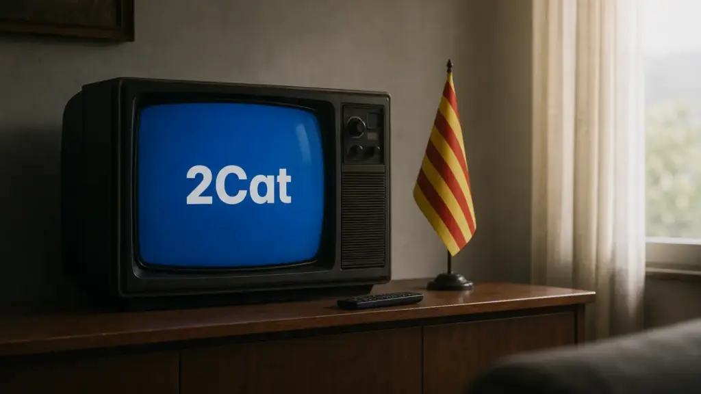 canal la 2cat: televisor antiguo con las letras 2Cat en pantalla junto a una bandera catalana en un salón sobrio