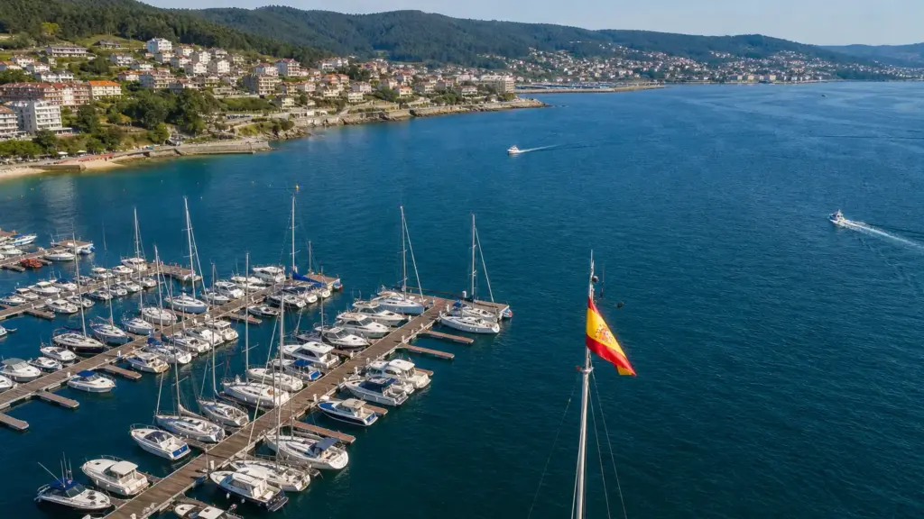 juan carlos en sanxenxo: vista aérea del puerto deportivo con veleros amarrados en la ría de Pontevedra