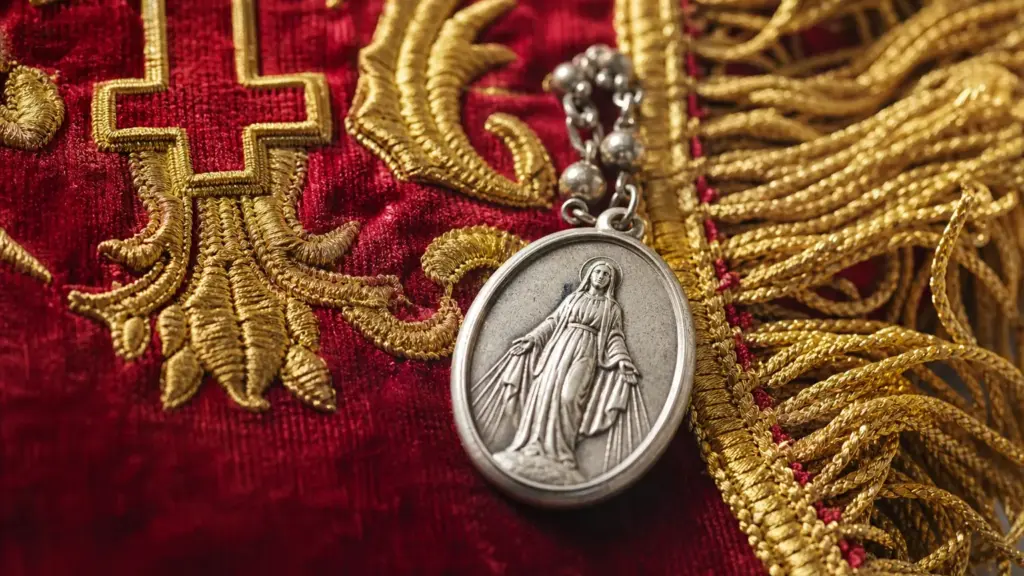 juan jesús vivas: detalle de un estandarte bordado en rojo y dorado con una medalla religiosa plateada