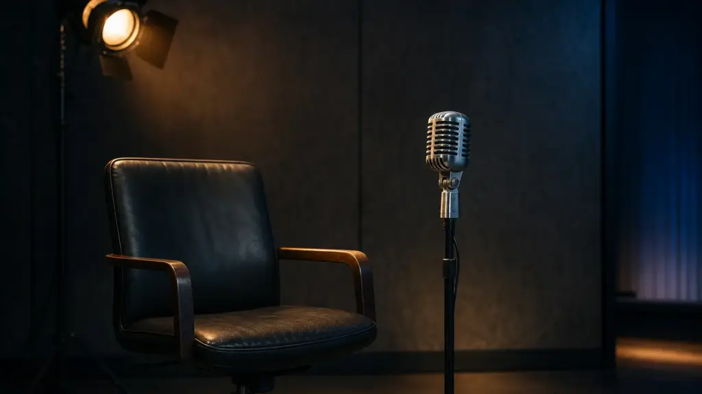 juan luis tena: silla de presentador vacía junto a un micrófono de estudio bajo un foco en un plató sobrio