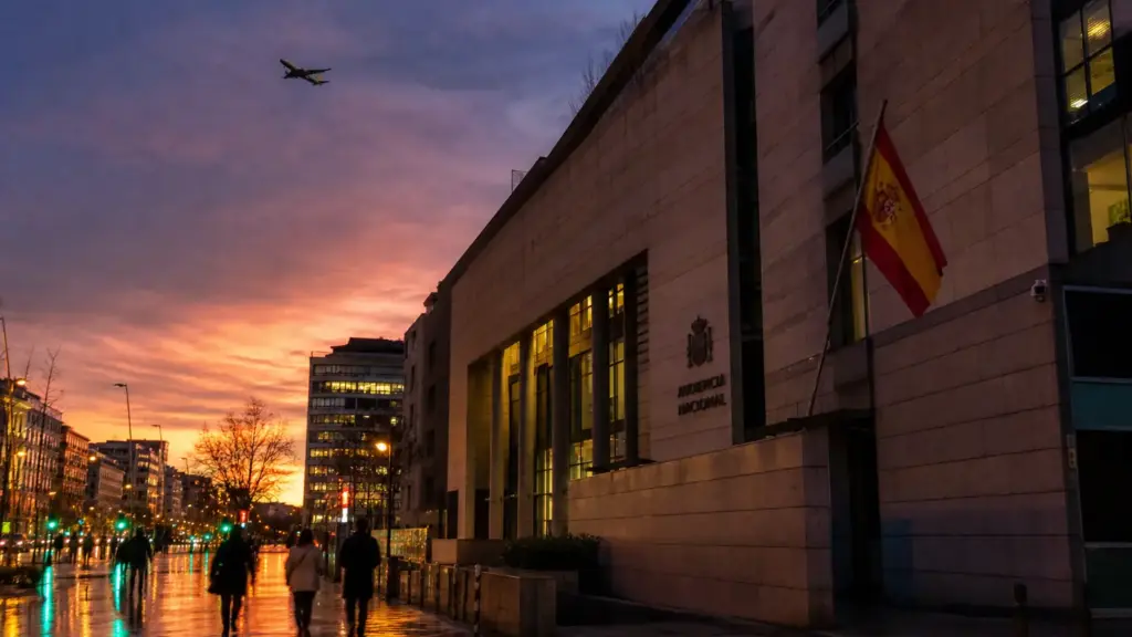 caso plus ultra: calle de Madrid al atardecer frente a un edificio judicial con la bandera de España y un avión cruzando el cielo