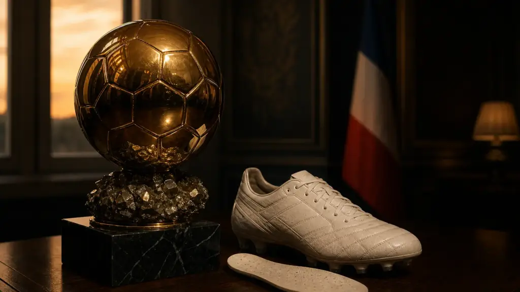 mbappé onze d'or: trofeo dorado sobre un pedestal oscuro junto a una bota de fútbol blanca y una bandera de Francia al fondo