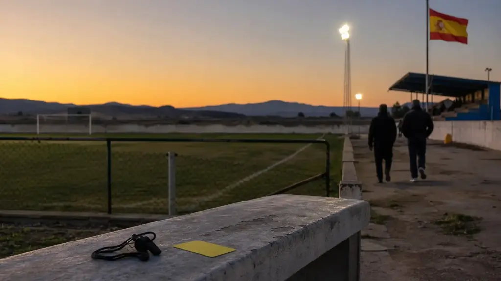 aesaf condena agresiones: campo de fútbol modesto al atardecer con un silbato y una tarjeta en un banco y figuras lejanas de espaldas