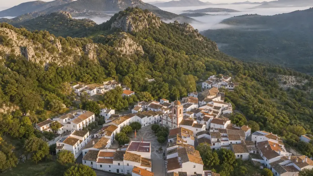 alcaldesa de parauta: vista aérea de un pequeño pueblo blanco rodeado de montes en la Serranía de Ronda