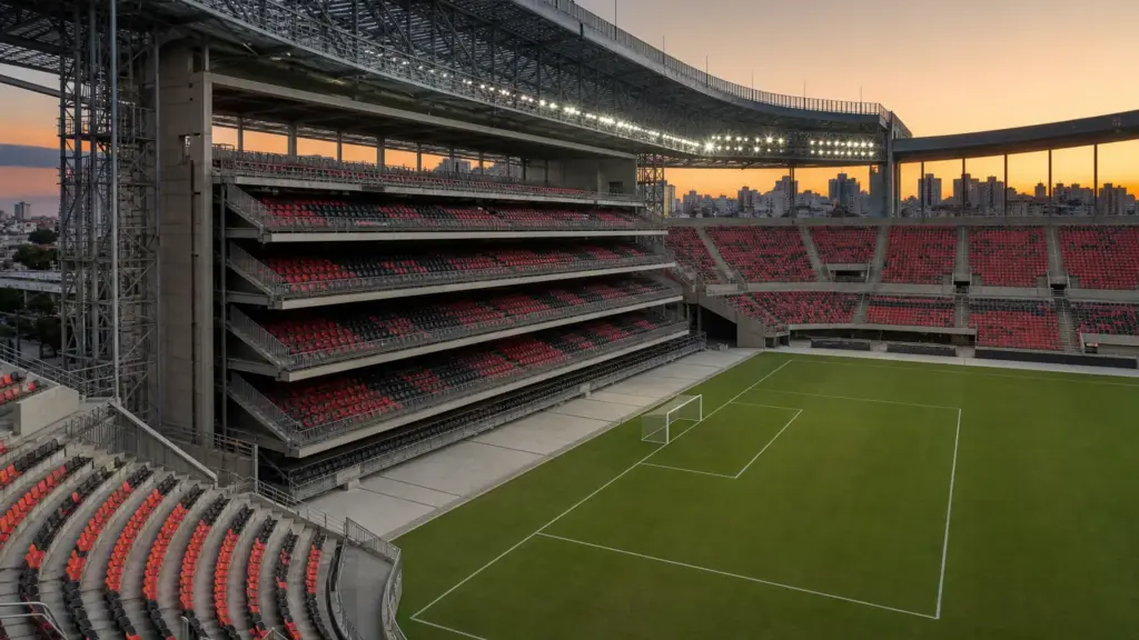 arena da baixada: estadio vacío al atardecer con una grada retráctil de cinco filas y estructuras en obra a los lados