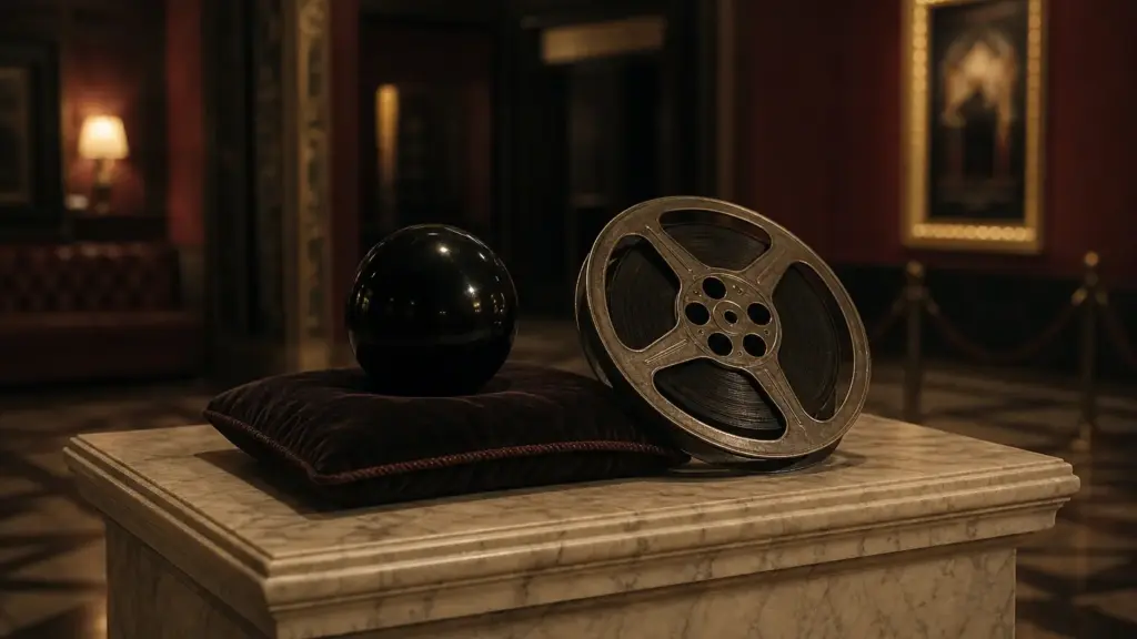 la bola negra: esfera negra junto a una bobina de película sobre un pedestal en un vestíbulo de cine en penumbra