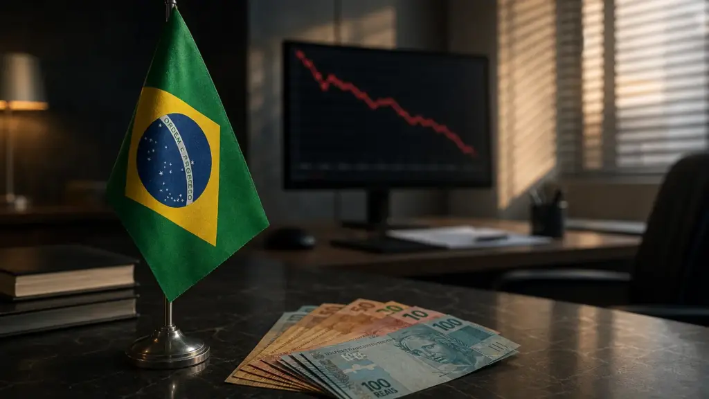 bolsa de são paulo: bandera de Brasil y billetes de reales sobre un escritorio con un gráfico descendente al fondo