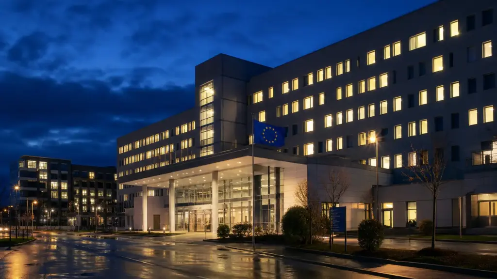 fármaco daraxonrasib: edificio de hospital con ventanas iluminadas de noche y una bandera de la Unión Europea en la entrada