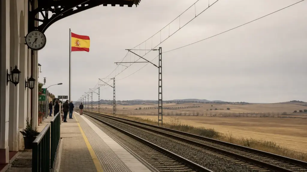 fátima báñez: andén vacío junto a una línea de alta velocidad en la llanura de Toledo con figuras lejanas de espaldas
