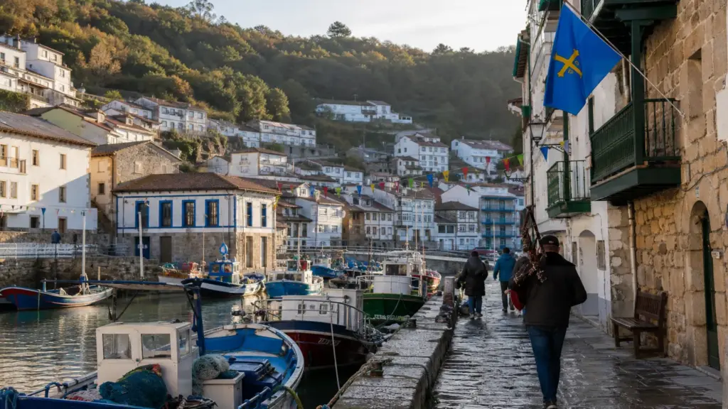 familia real en llanes: puerto pesquero con barcas de colores, bandera de Asturias y figuras lejanas de espaldas en el muelle