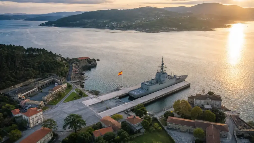 fragata álvaro de bazán: vista aérea de un buque de guerra gris atracado en un muelle de la ría de Ferrol al atardecer