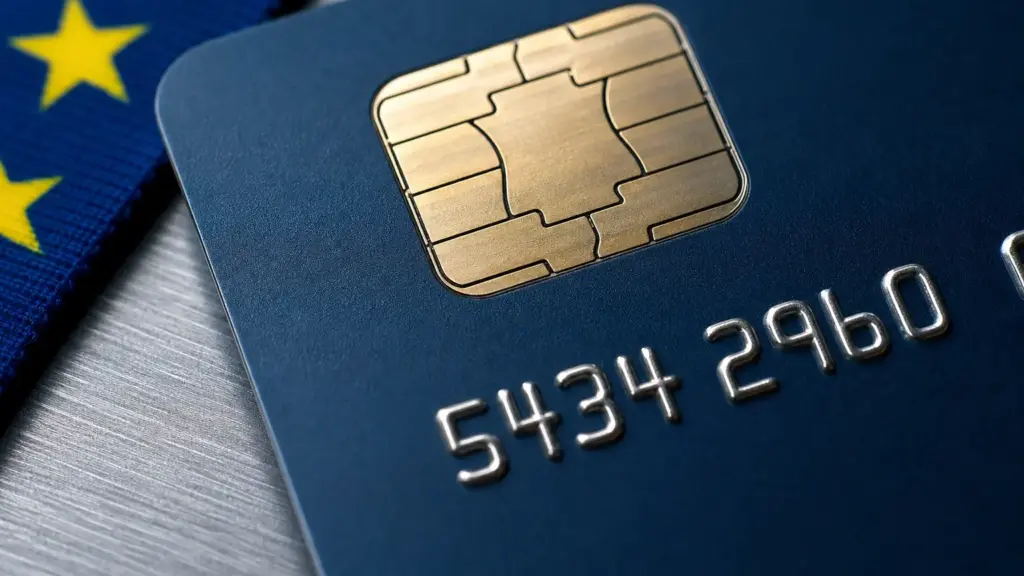 sentencia del tjue: primer plano del chip metálico de una tarjeta bancaria junto a una tela con la bandera de la Unión Europea
