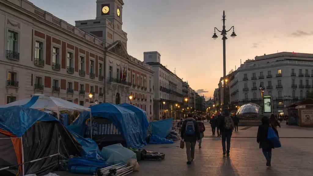 acampada de sol: tiendas con lonas azules a medio desmontar en una plaza al atardecer mientras figuras lejanas se alejan