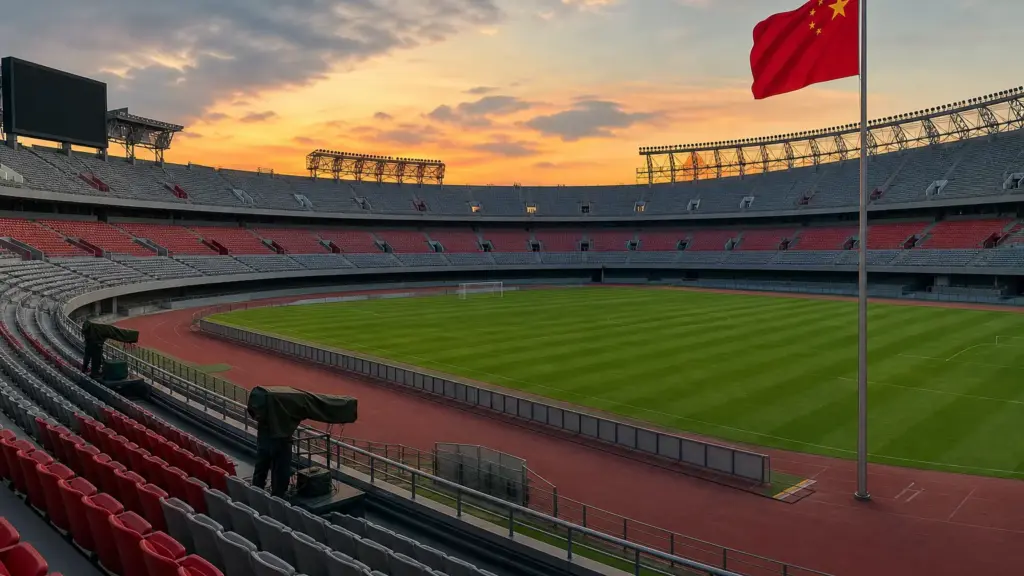 mbappé en china: estadio de fútbol vacío al atardecer con una bandera de China y cámaras de televisión cubiertas