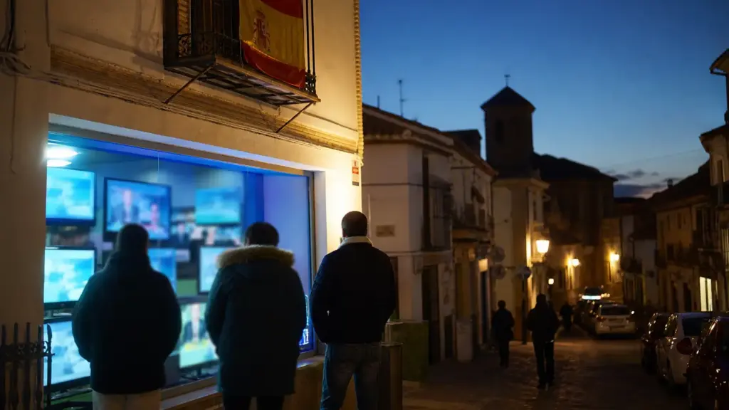 accidente de urda: transeúntes de espaldas miran televisores en un escaparate de una calle al anochecer