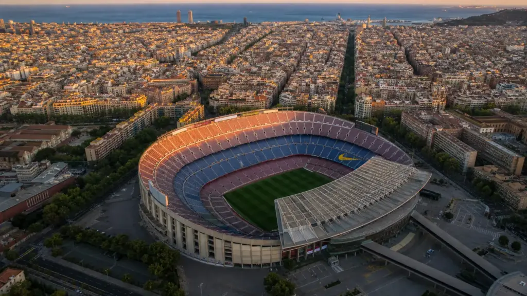 pedro porro al barça: vista aérea de un estadio de fútbol en Barcelona al atardecer con la ciudad y el mar de fondo