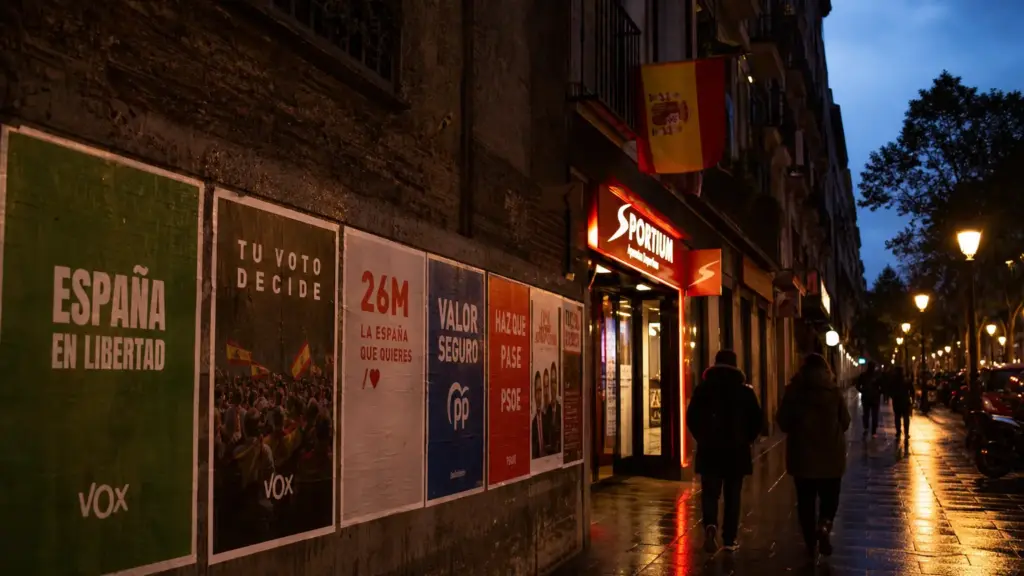 feijóo en las apuestas: calle de Madrid al anochecer con carteles electorales, un local de apuestas iluminado y una bandera de España