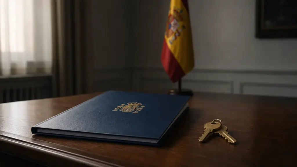 pensión de viudedad: carpeta oficial con escudo de España y unas llaves sobre un escritorio sobrio junto a una bandera española