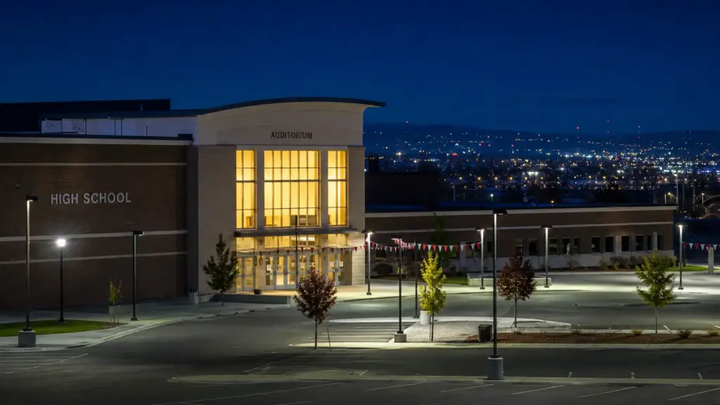 reboot de glee: fachada de una escuela secundaria estadounidense de noche con las ventanas del auditorio iluminadas