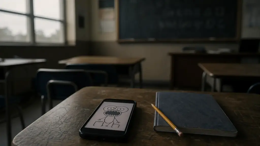 curis en institutos: teléfono móvil con un dibujo tosco en la pantalla sobre un pupitre de un aula vacía