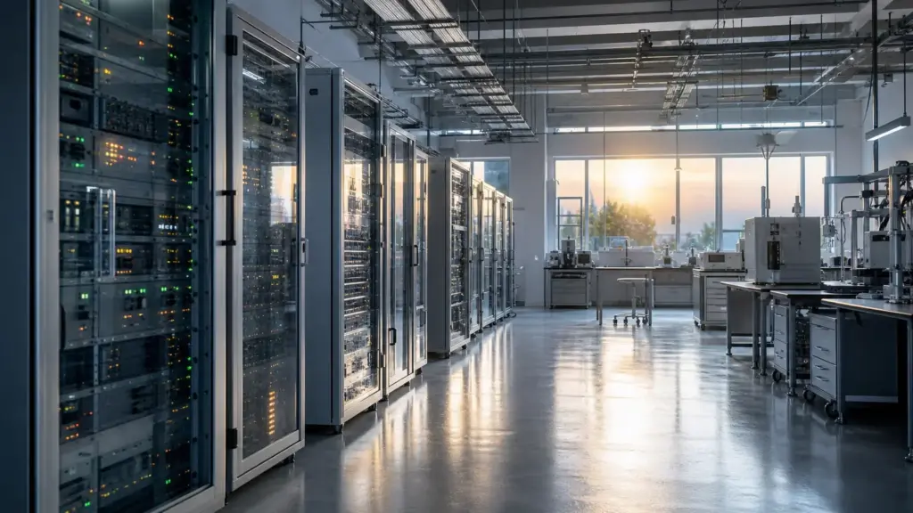 segundos intercalares: amplio laboratorio vacío con filas de equipos metálicos y luces indicadoras al amanecer