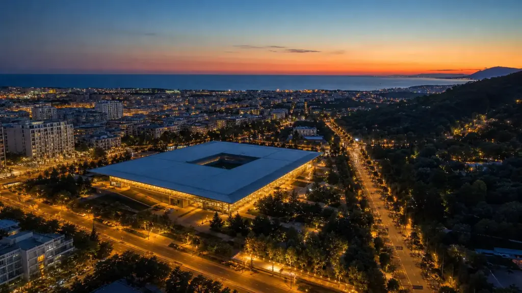 premio planeta 2026: vista aérea de un barrio iluminado al anochecer junto a un amplio pabellón de exposiciones