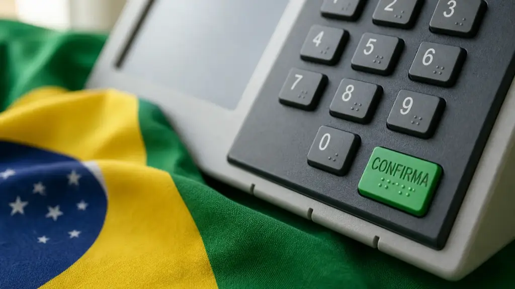 lula y bolsonaro: teclado de una urna electrónica sobre una bandera de Brasil en primer plano