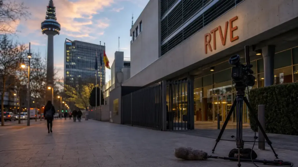 luto en rtve: edificio con las letras RTVE al atardecer, con una cámara y un micrófono junto a la entrada y peatones lejanos