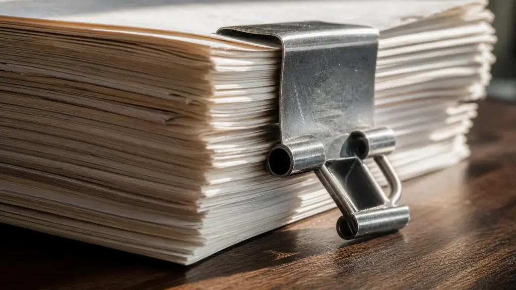 maduro y cilia flores: pila de documentos judiciales sujetos con una pinza de metal bajo luz matinal