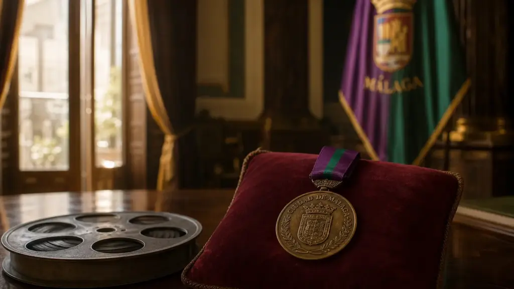 pepa flores hija predilecta: medalla conmemorativa sobre un cojín de terciopelo junto a una bobina de película en un salón municipal de Málaga