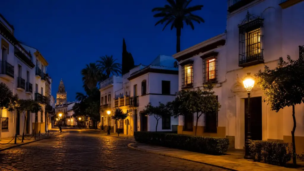maría del monte: calle residencial de Sevilla de noche con ventanas iluminadas y farolas