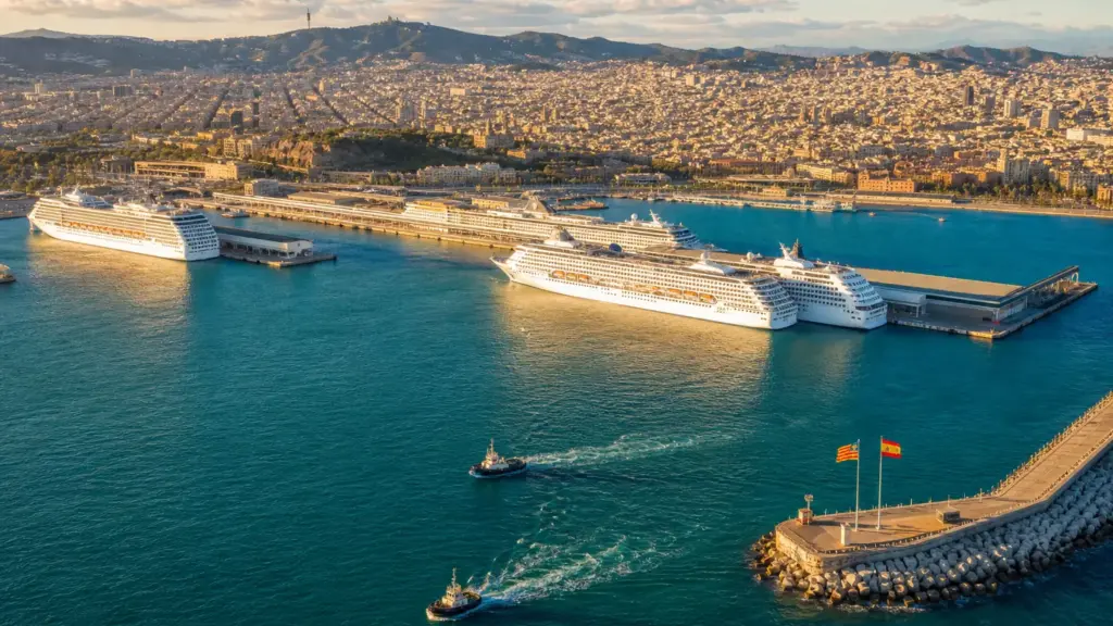 cruceros en barcelona: vista aérea del puerto con grandes barcos de crucero atracados junto a la ciudad al atardecer