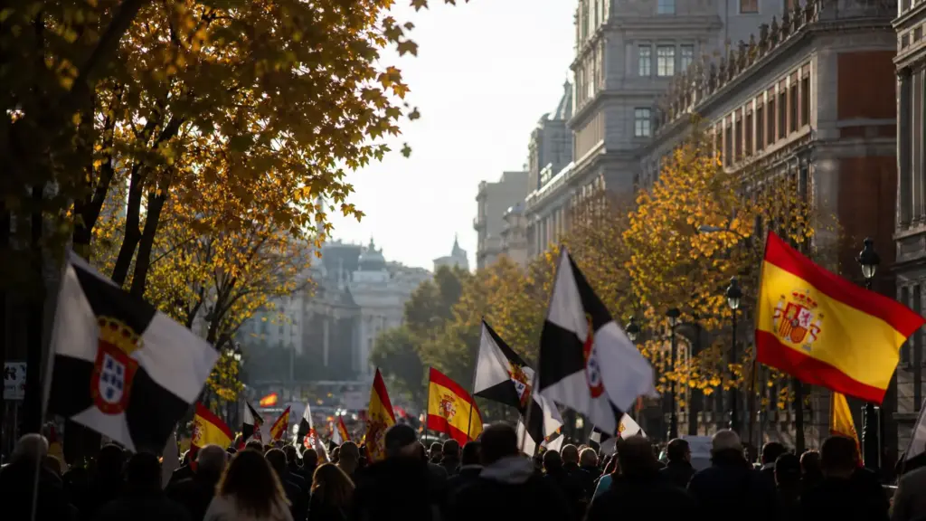 marcha de ceuta: banderas de Ceuta y de España sobre una multitud de espaldas en una avenida de Madrid