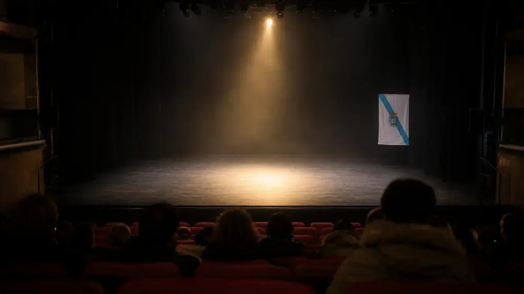 xián martínez: escenario de danza vacío iluminado por un foco, con figuras anónimas de espaldas en la platea y una bandera gallega al costado