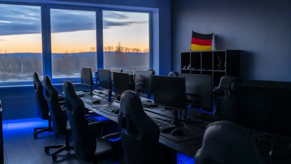 manuel otto: sala de videojuegos vacía con monitores apagados al atardecer