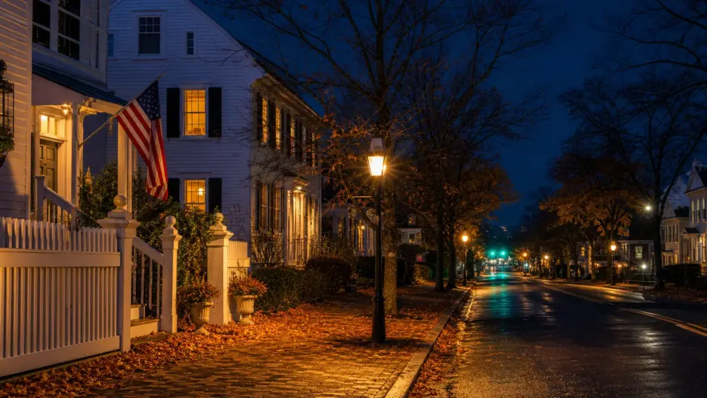 kyle kennedy: calle residencial de un pueblo de Nueva Inglaterra de noche con ventanas iluminadas y una bandera estadounidense