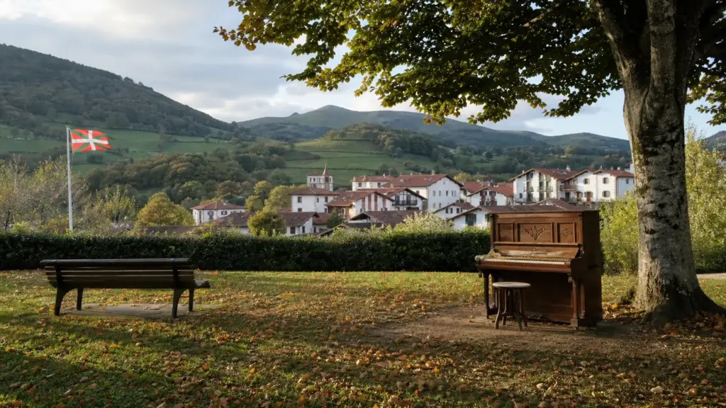 igor arzuaga: piano solitario junto a un banco vacío en un parque verde de un valle vasco al atardecer