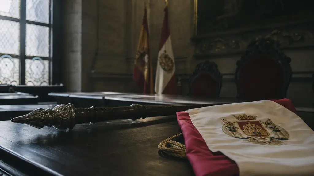sánchez monteseirín: bastón de mando junto a la bandera de Sevilla en un salón municipal vacío
