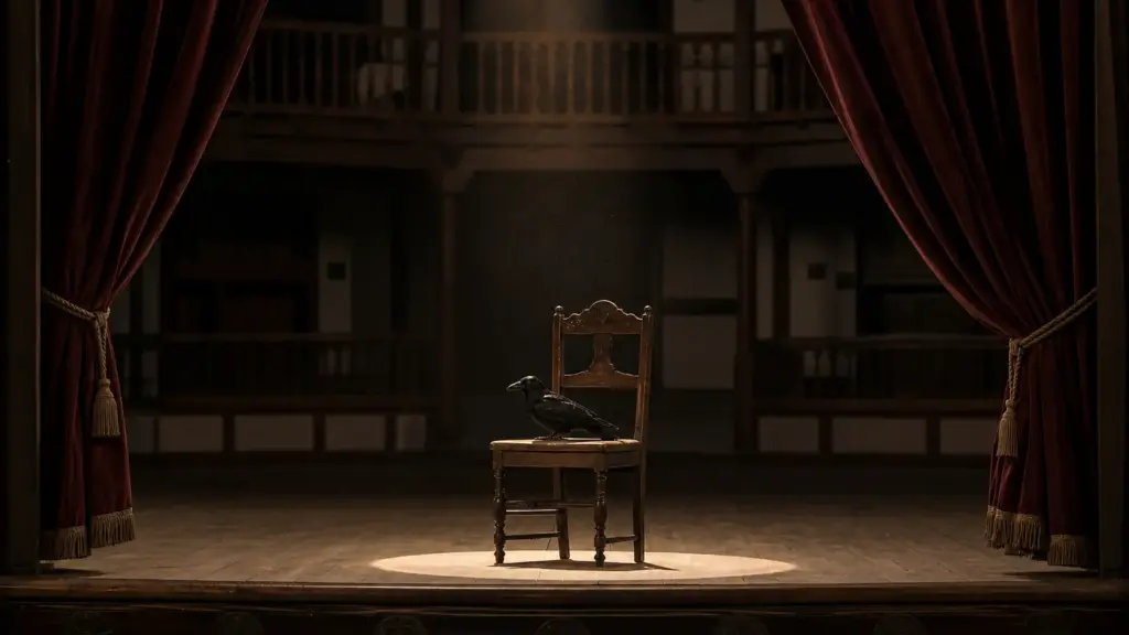 javier semprún: silla de madera vacía bajo un foco en un escenario teatral con telón rojo