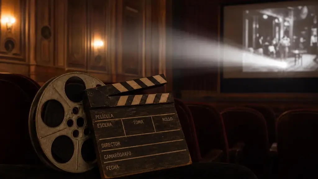 josé luis garcía sánchez: bobina de película y claqueta sobre una butaca en una sala de cine vacía