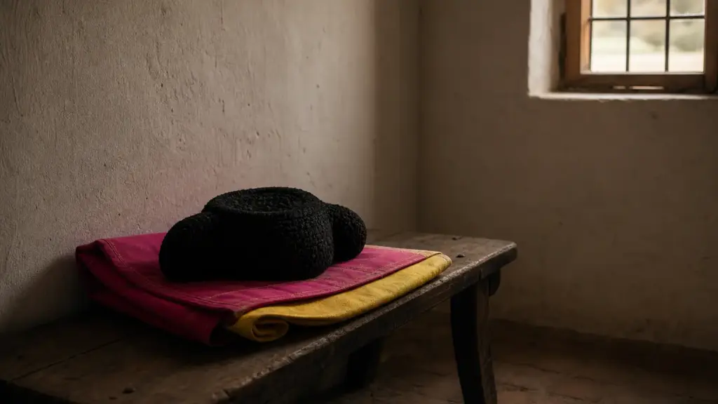 antonio vázquez: montera negra y capote doblado sobre un banco de madera en una sala encalada